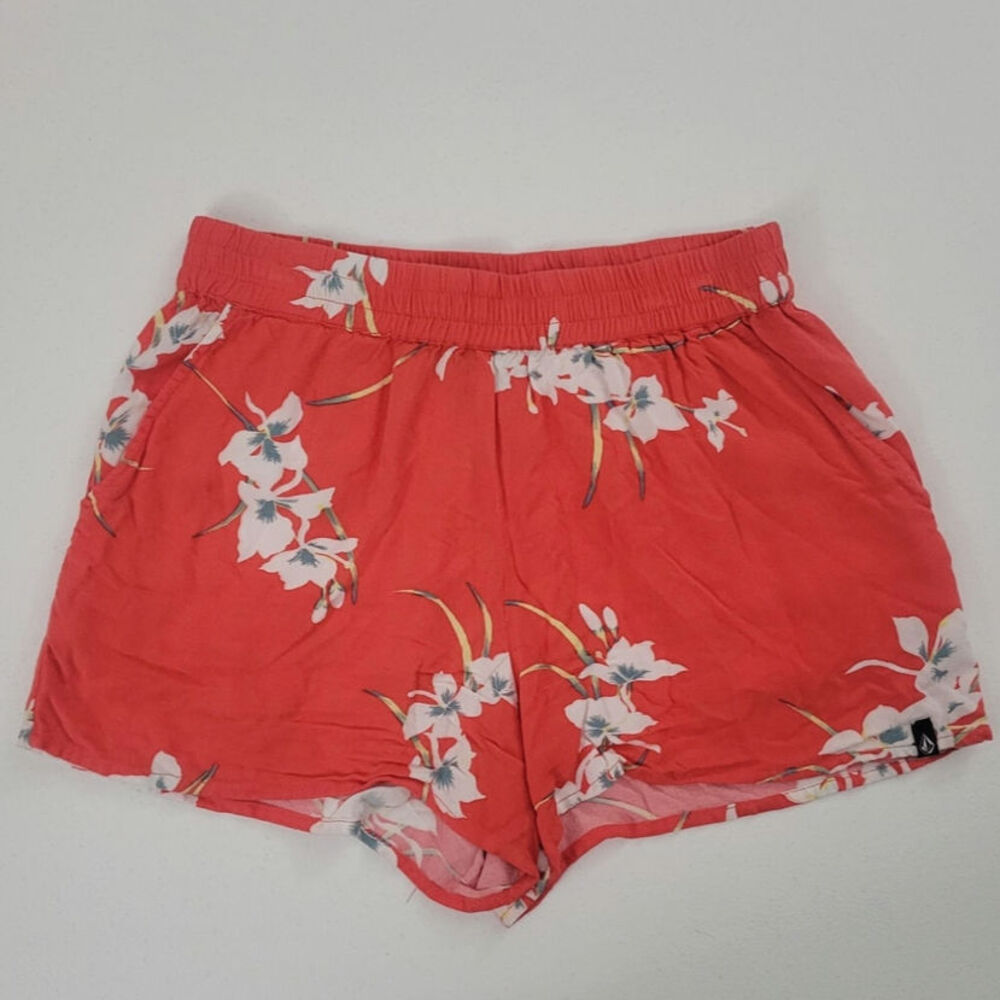 Volcom Girls L 10/12 Floral Shorts Coral Red Pull On Beach Surf Summer